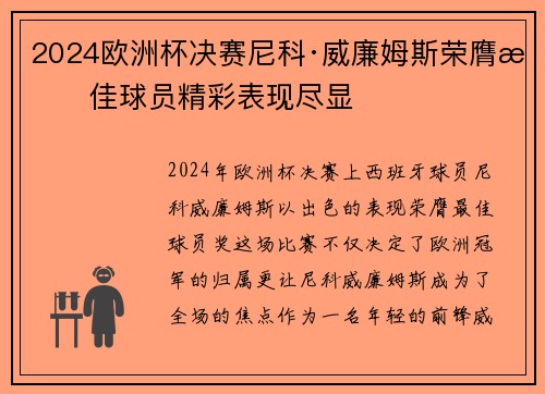 2024欧洲杯决赛尼科·威廉姆斯荣膺最佳球员精彩表现尽显